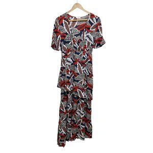 ETWO Tropical Leaf Maxi Dress - Red & Turquoise Boho Rayon - Size L